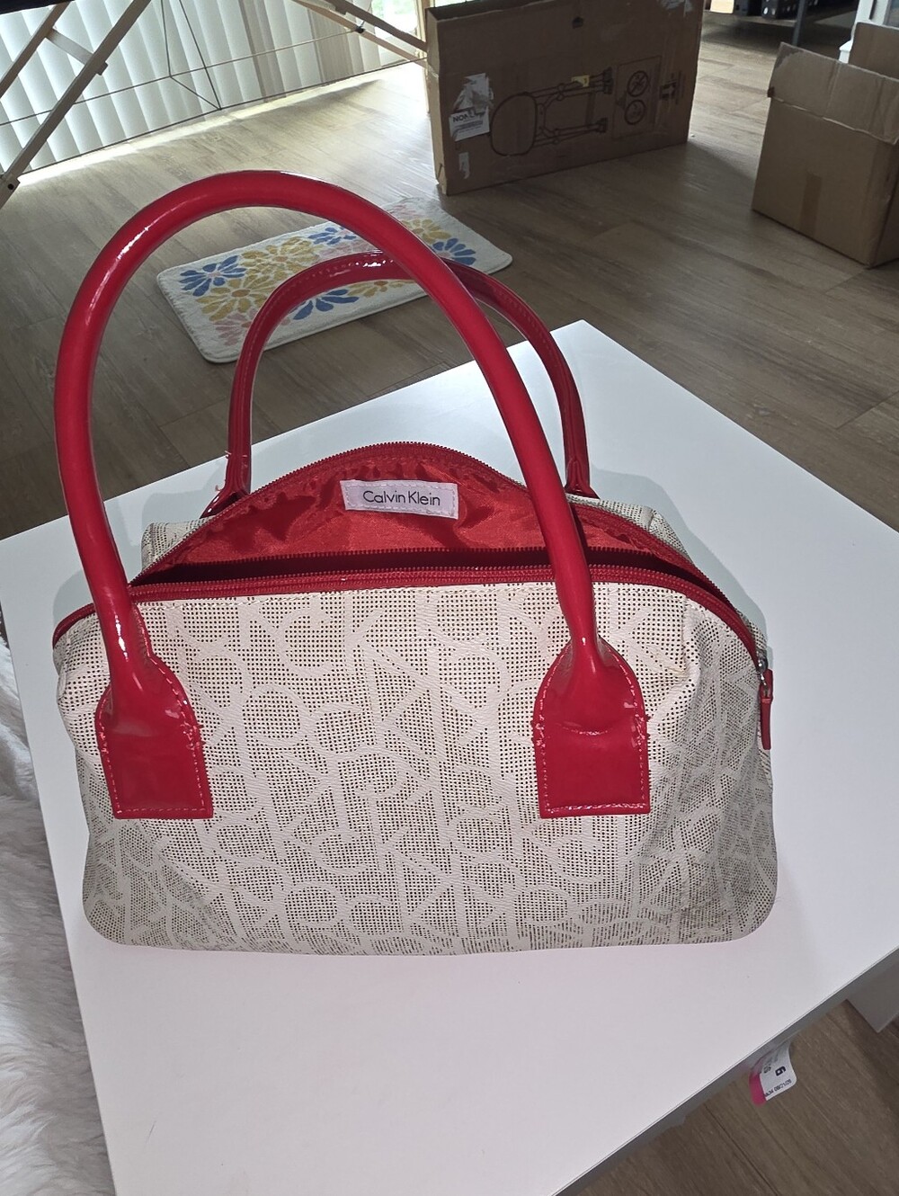 Calvin Klein Beige Logo Tote with Red Patent Trim